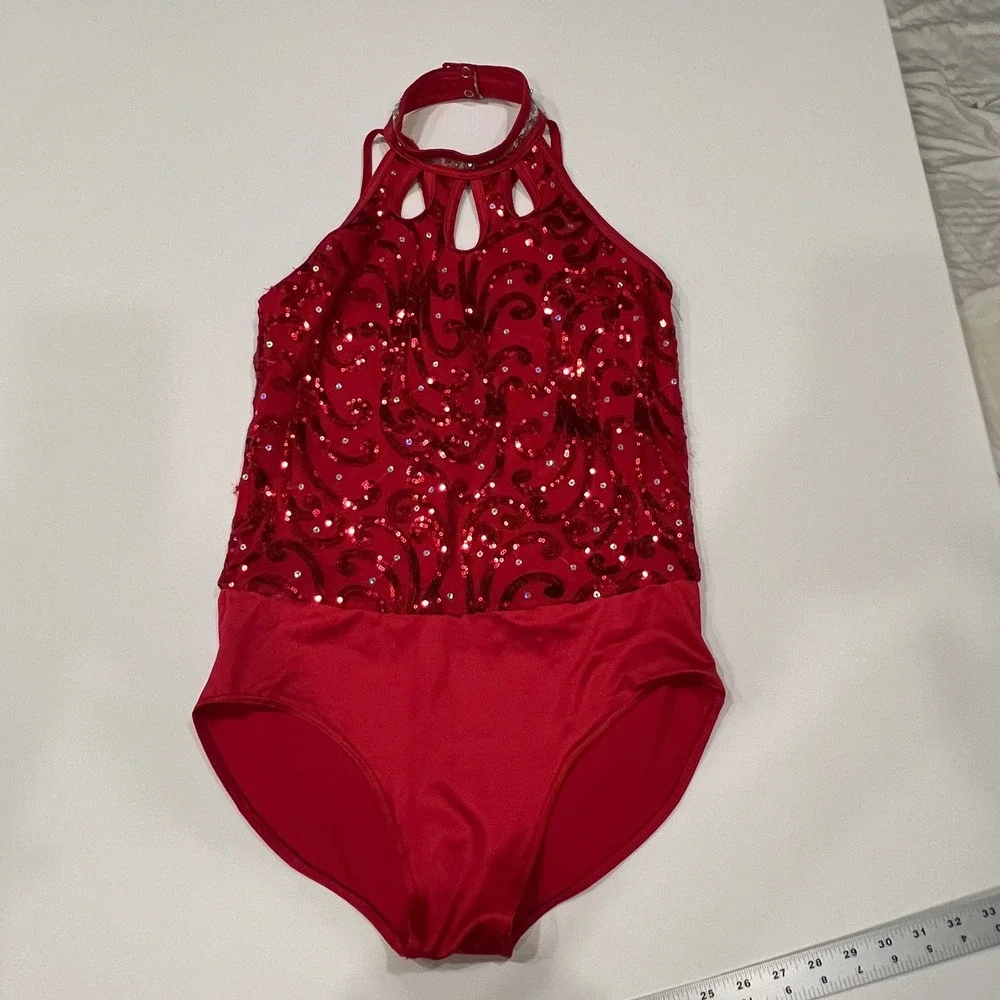 Weissman Girls XXL Red Sequin Halter Leotard Dance Costume Pageant Jazz Lyrical